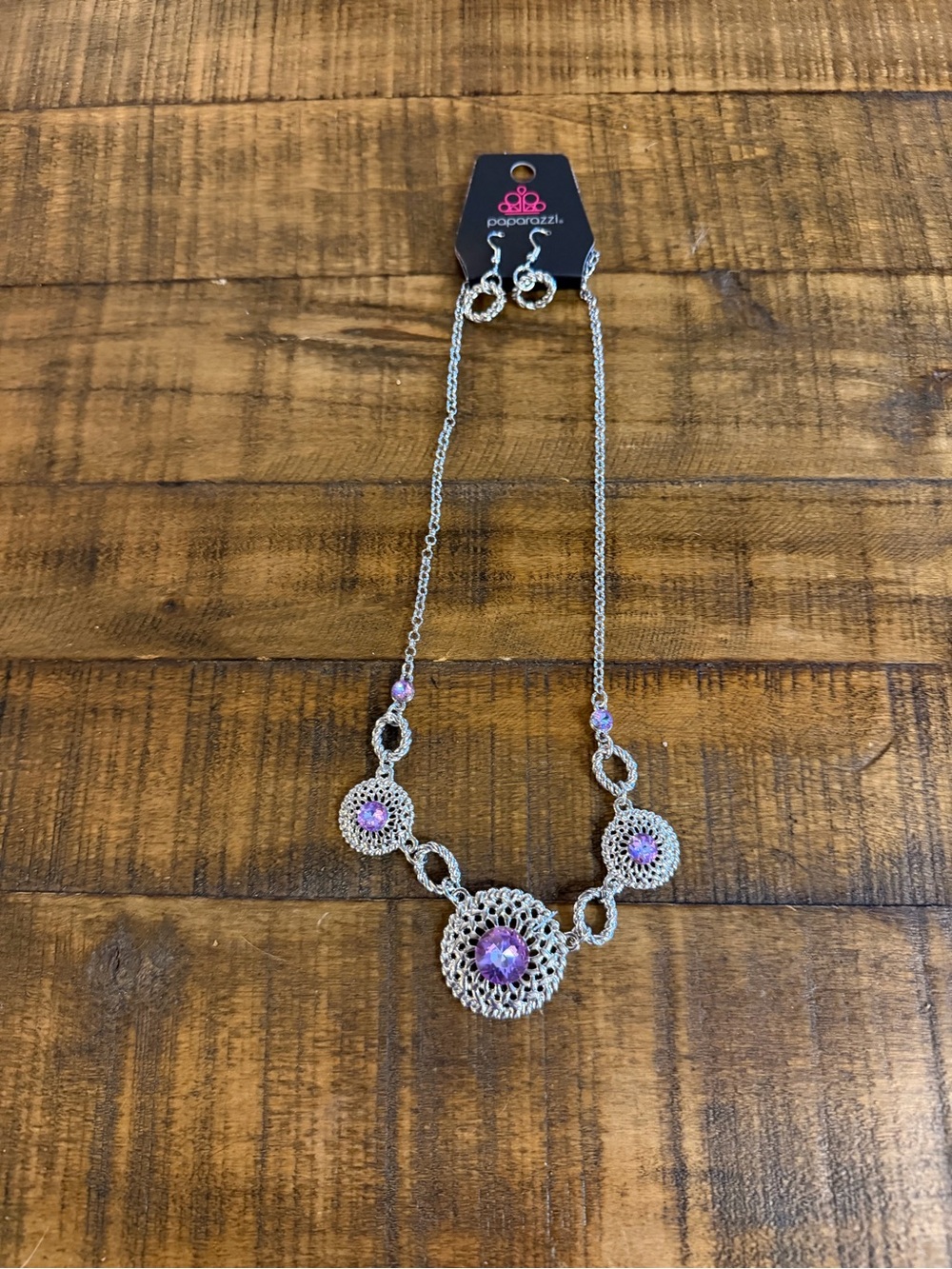 Paparazzi Silver Necklace with Purple Crystal Medallions and Filigree Circles